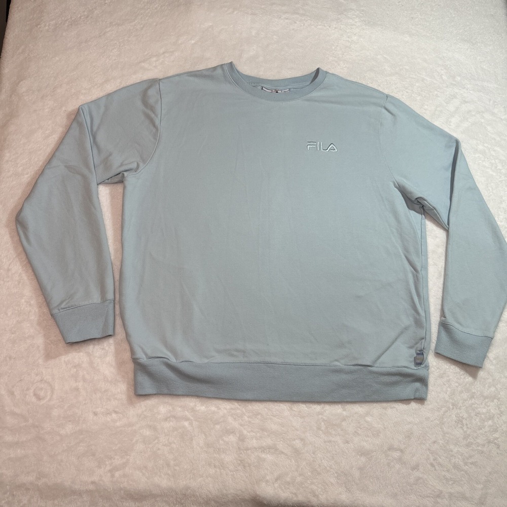 FILA Light Blue Embroidered Logo Women Large Pullover Crew Sweatshirt Pockets